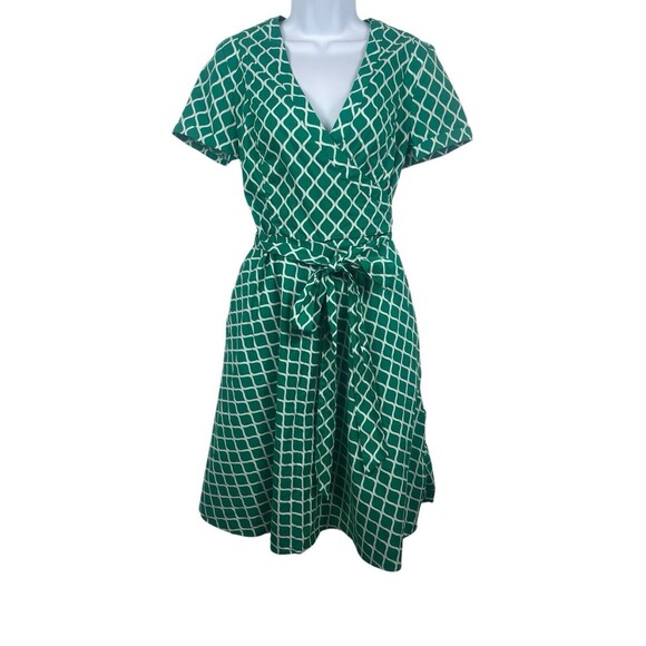 Boden Green White Geometric Lara Wrap Tea Picnic Short Sleeve Dress 8L - Picture 2 of 16